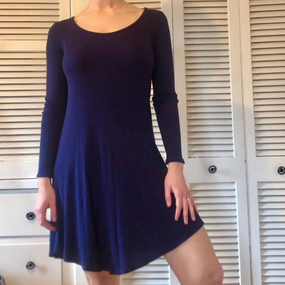 Ribbed Long Sleeve Skater Dress, Navy, M